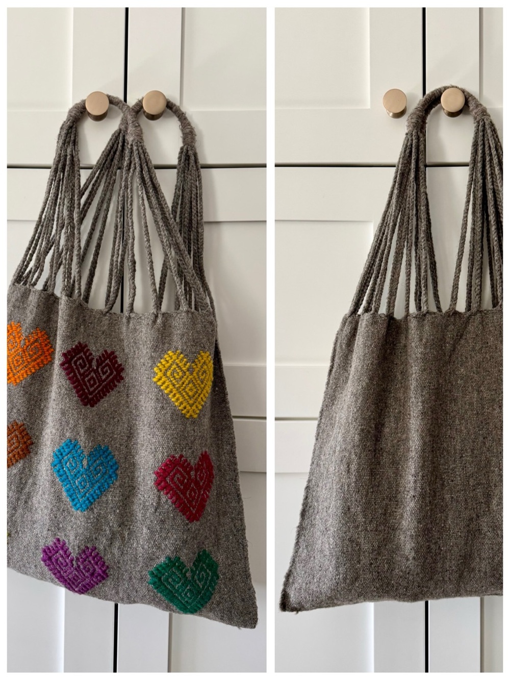 Mexican Handcrafted Grey Wool Knit Shoulder Tote, Woven Hearts Market Bag - Picture 13 of 17